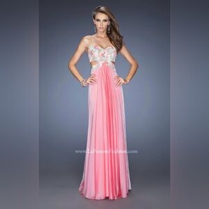 La Femme Fashion Sherbet Chiffon Prom Gown With Lace, Jewels And Cutouts, Size 2